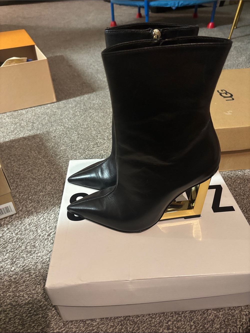 SCHUTZ Black Leather Pointed Ankle Boots with Gold Sculptural Heel - Picture 3 of 5